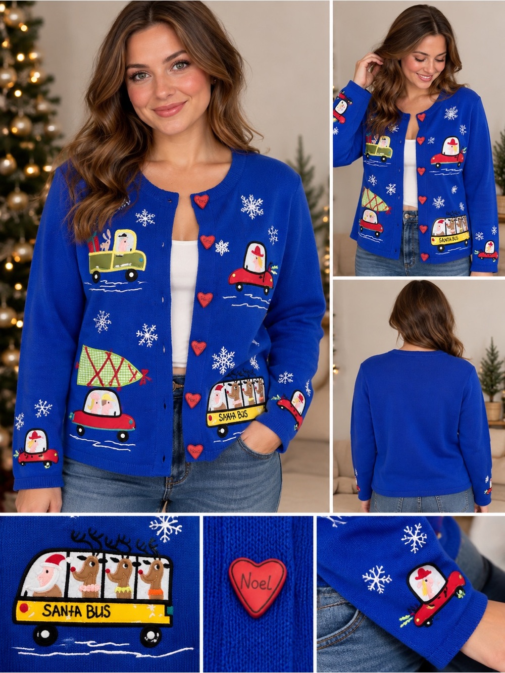 Vintage Onque Casuals Christmas Cardigan M Santa Bus Appliqué Novelty Sweater